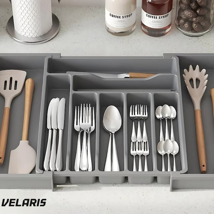Organizator extensibil sertar bucătărie, 8 compartimente, sistem modular pentru tacâmuri, gri
