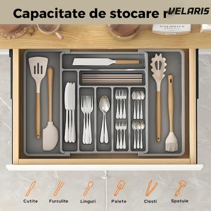 Organizator extensibil sertar bucătărie, 8 compartimente, sistem modular pentru tacâmuri, gri