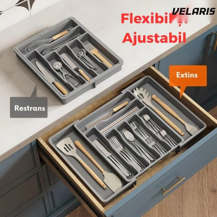 Organizator extensibil sertar bucătărie, 8 compartimente, sistem modular pentru tacâmuri, gri