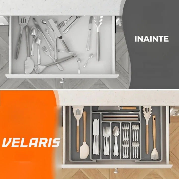 Organizator extensibil sertar bucătărie, 8 compartimente, sistem modular pentru tacâmuri, gri