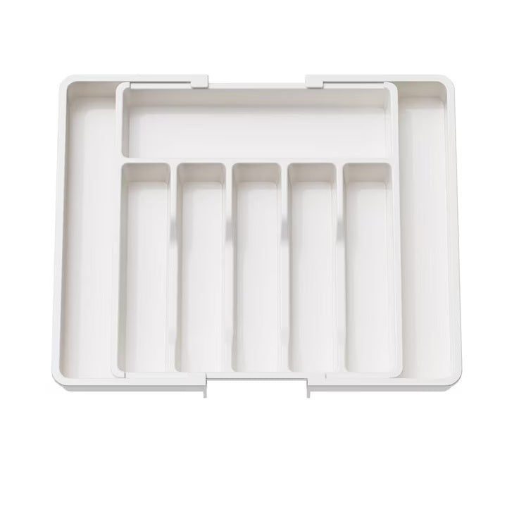 Organizator extensibil sertar bucătărie, 8 compartimente, sistem modular pentru tacâmuri, alb
