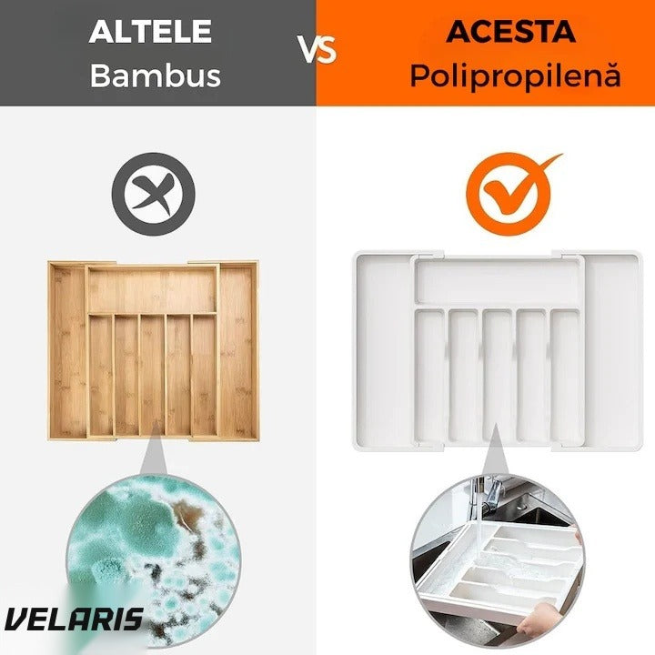 Organizator extensibil sertar bucătărie, 8 compartimente, sistem modular pentru tacâmuri, alb