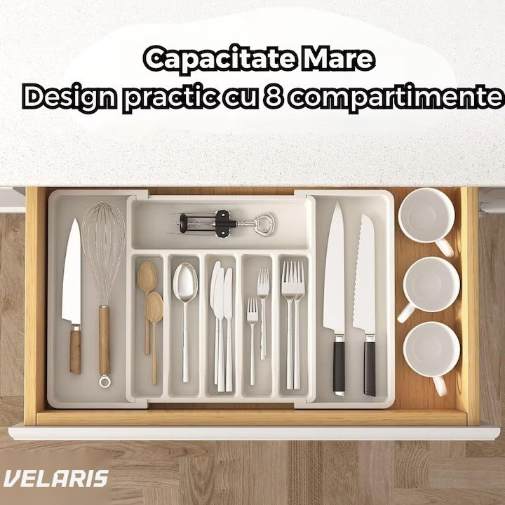 Organizator extensibil sertar bucătărie, 8 compartimente, sistem modular pentru tacâmuri, alb
