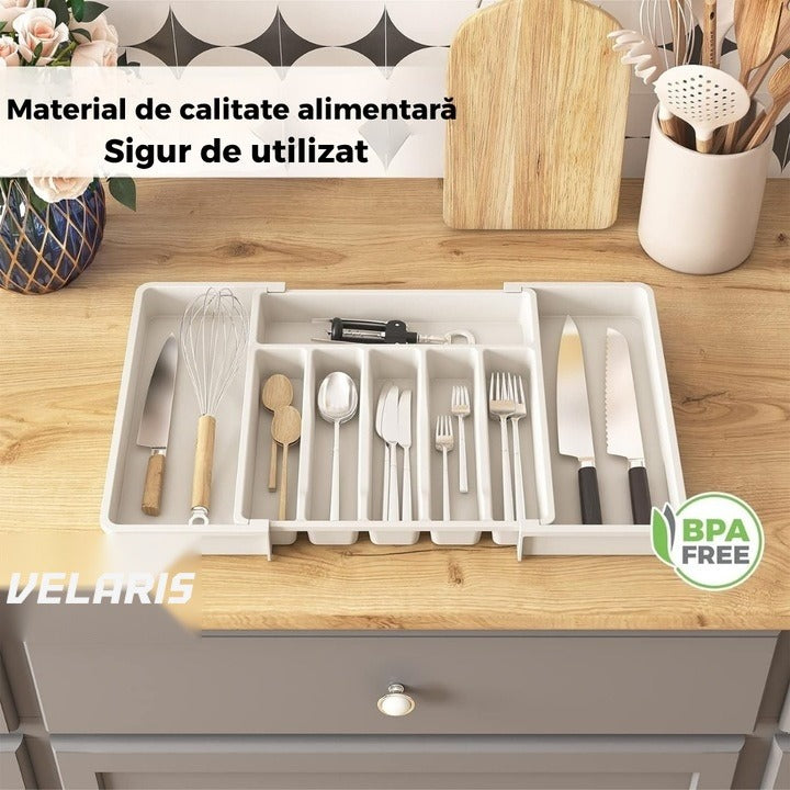 Organizator extensibil sertar bucătărie, 8 compartimente, sistem modular pentru tacâmuri, alb
