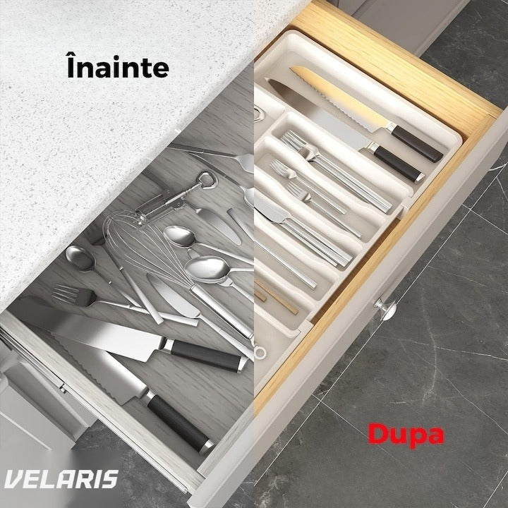 Organizator extensibil sertar bucătărie, 8 compartimente, sistem modular pentru tacâmuri, alb