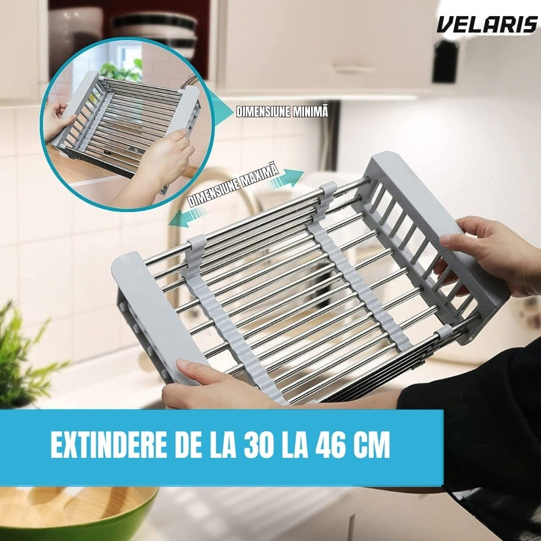 Coș scurgător extensibil pentru chiuvetă mică, oțel inoxidabil, 46x22 cm
