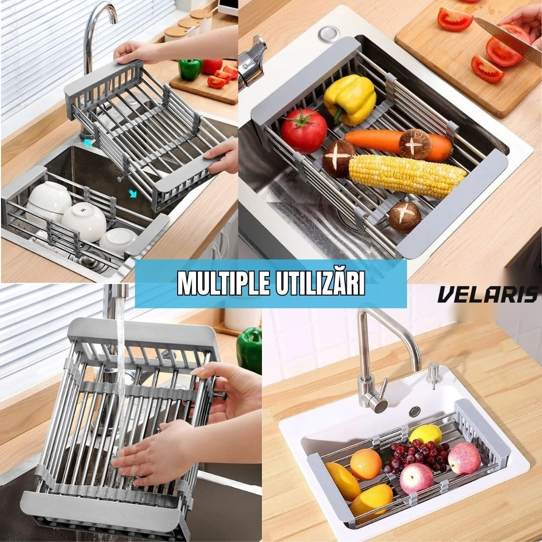 Coș scurgător extensibil pentru chiuvetă mică, oțel inoxidabil, 46x22 cm