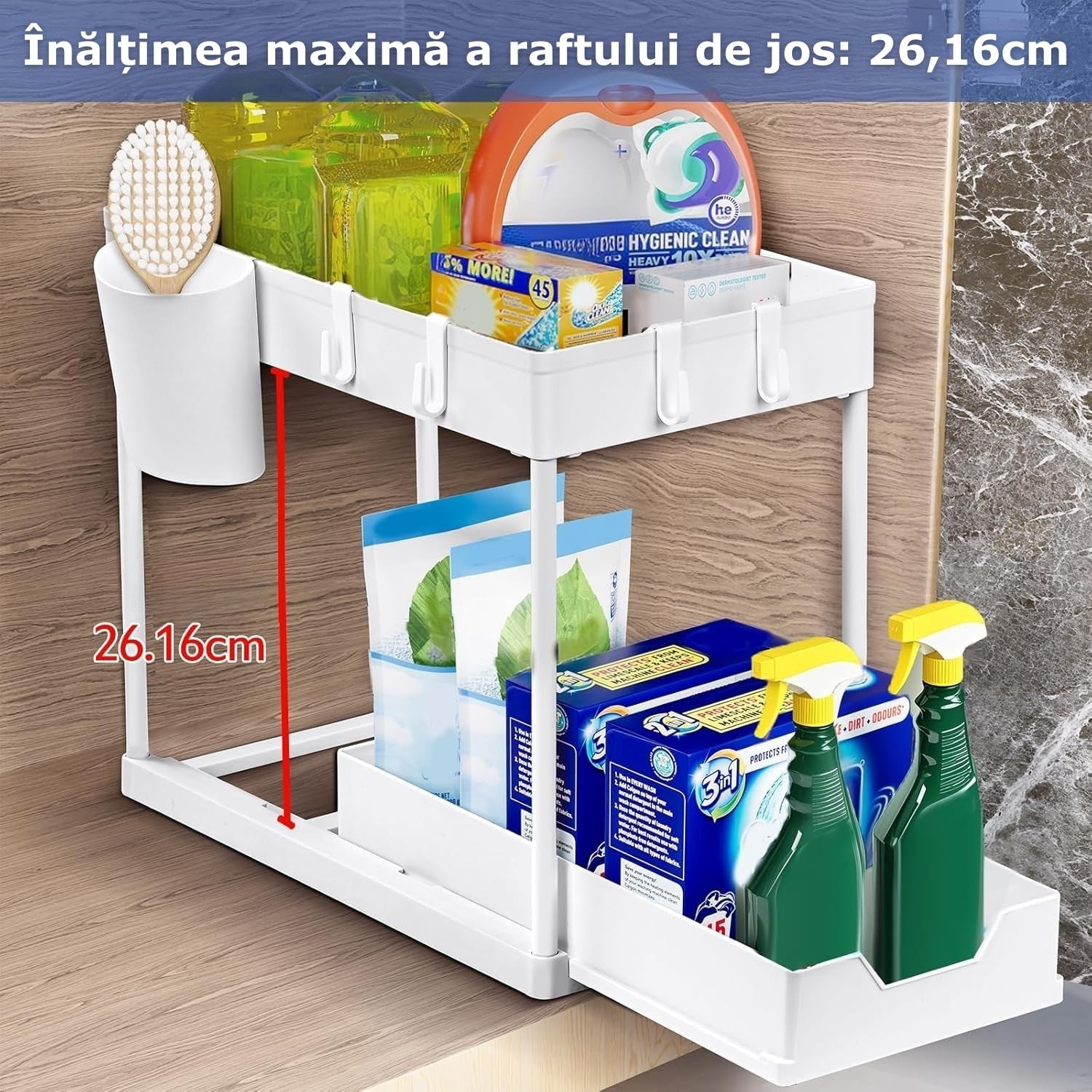 Organizator extensibil sub chiuvetă cu sertar glisant și 4 cărămuți alb
