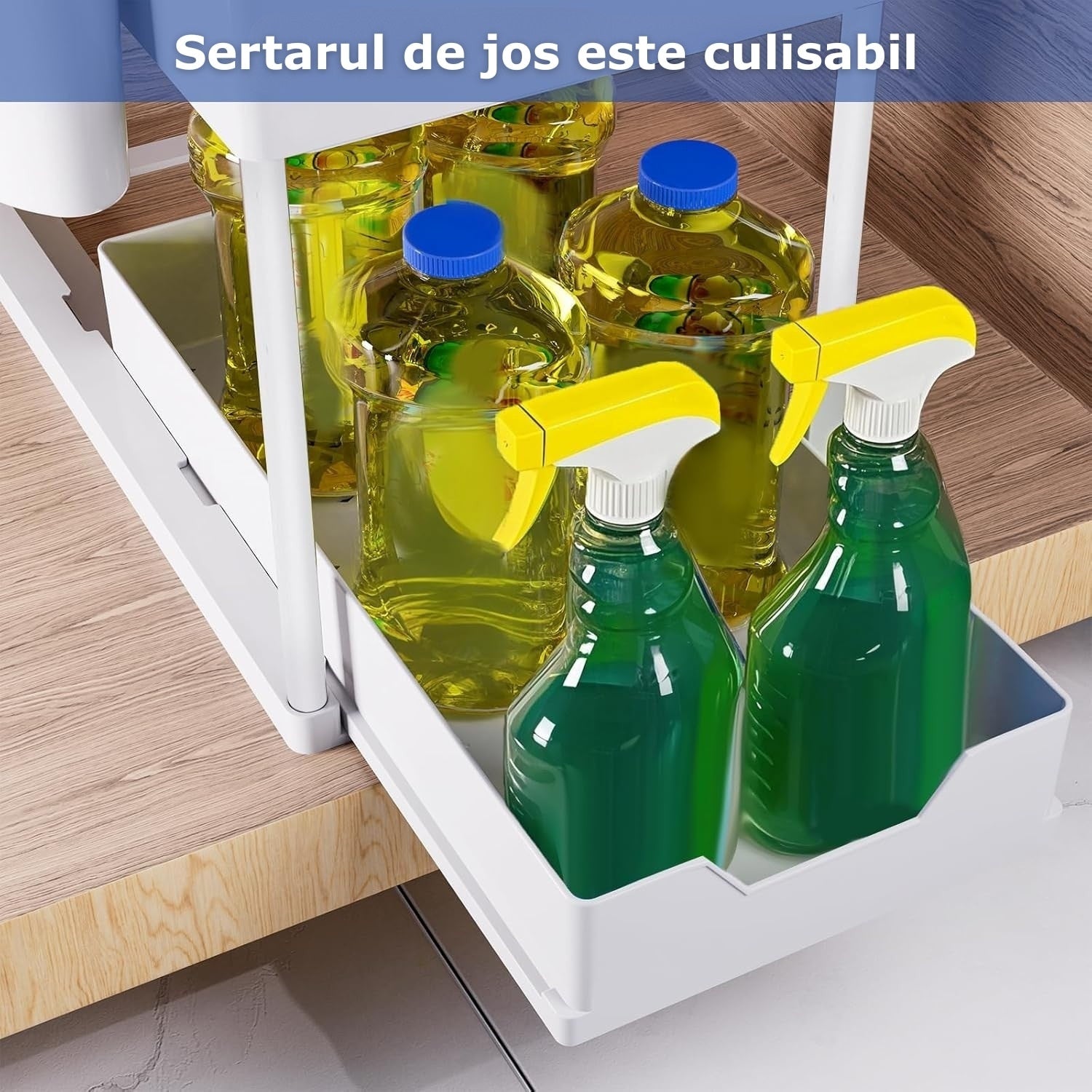 Organizator extensibil sub chiuvetă cu sertar glisant și 4 cărămuți alb