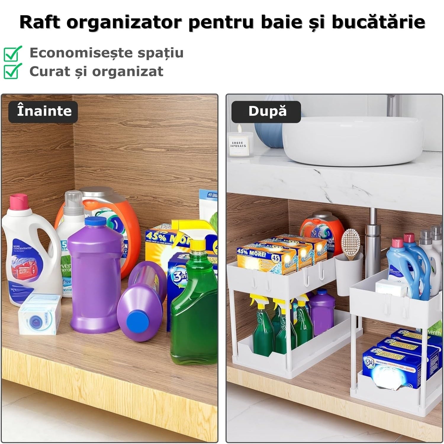 Organizator extensibil sub chiuvetă cu sertar glisant și 4 cărămuți alb