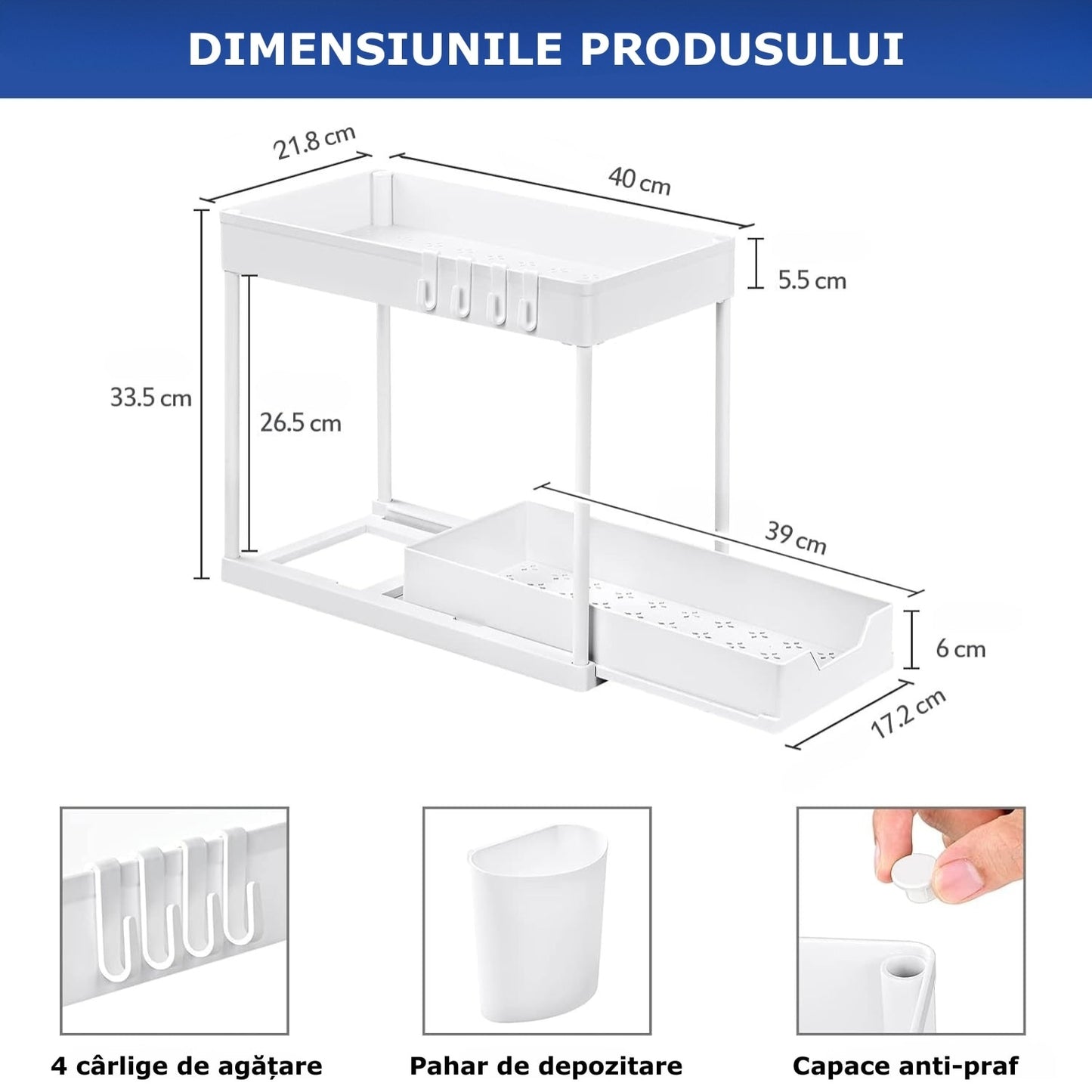 Organizator extensibil sub chiuvetă cu sertar glisant și 4 cărămuți alb