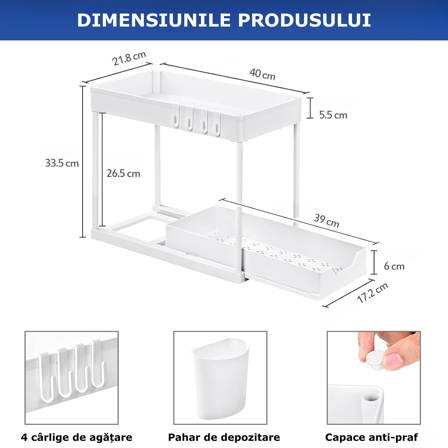 Organizator extensibil sub chiuvetă cu sertar glisant și 4 cărămuți alb