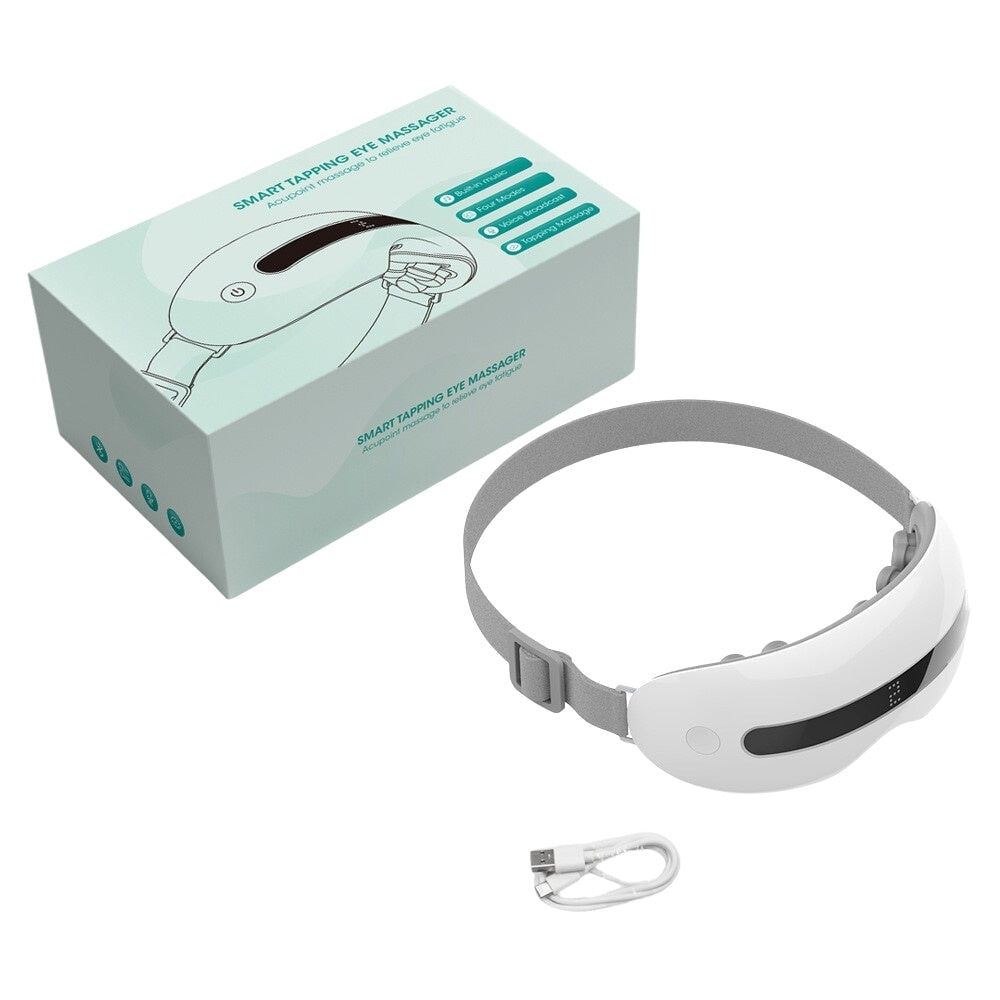 Aparat masaj ochi cu 4 moduri, 16 puncte, Bluetooth, compresie termică, alb