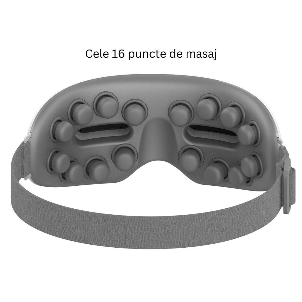 Aparat masaj ochi cu 4 moduri, 16 puncte, Bluetooth, compresie termică, alb