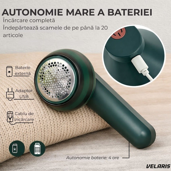 Aparat de îndepărtat scame, încărcare USB, autonomie 4 ore, curățare uscată, verde