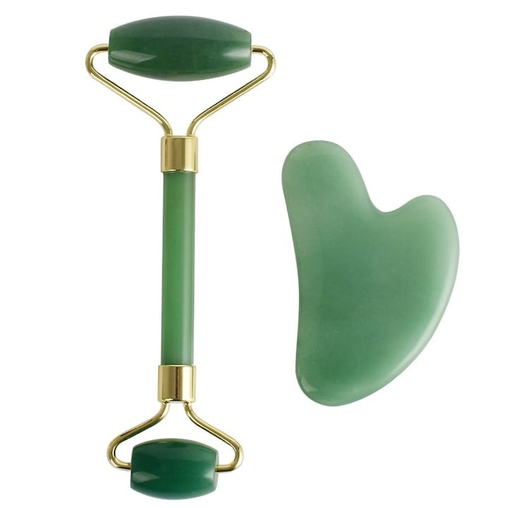 Set roller facial și piatră Gua Sha, jad natural, drenaj limfatic, anti-rid, verde