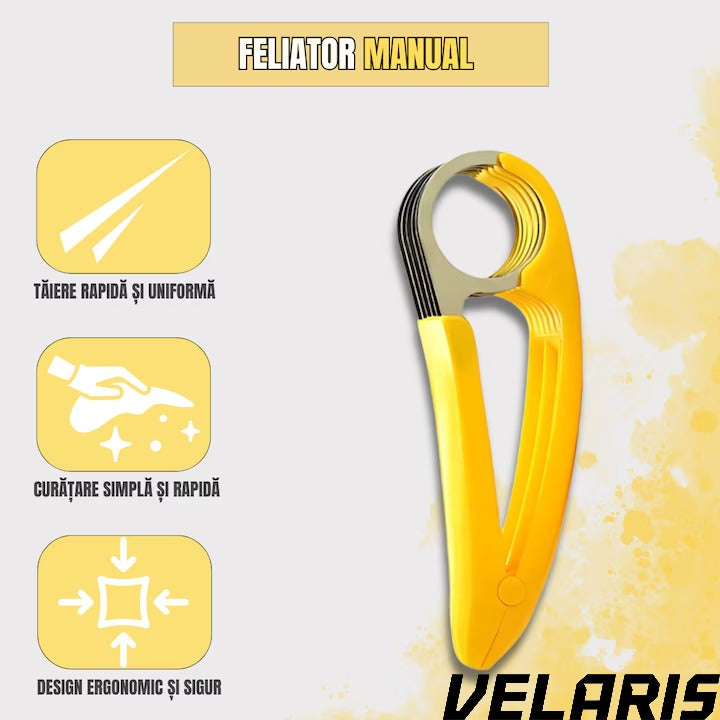Feliator Manual pentru Banane, Lame Inox, Design Ergonomic, Taiere Uniforma, Usor de Curatat, Galben