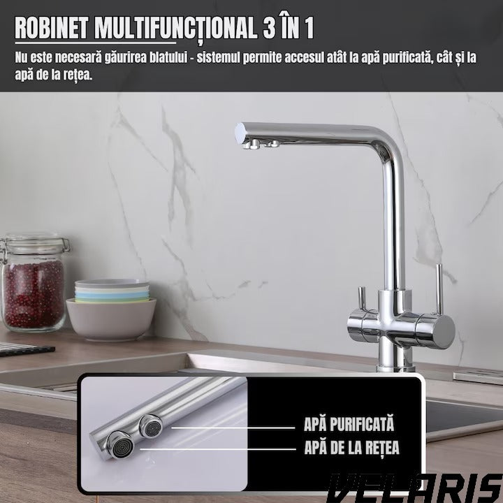 Filtru apa ultrafiltrare 5 etape + alcalinizare, precizie 0, 01 µm, baterie 3 cai, robinet 360°, sub chiuveta