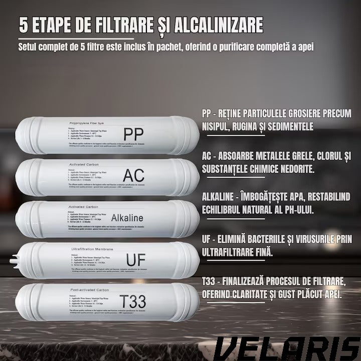 Filtru apa ultrafiltrare 5 etape + alcalinizare, precizie 0, 01 µm, baterie 3 cai, robinet 360°, sub chiuveta