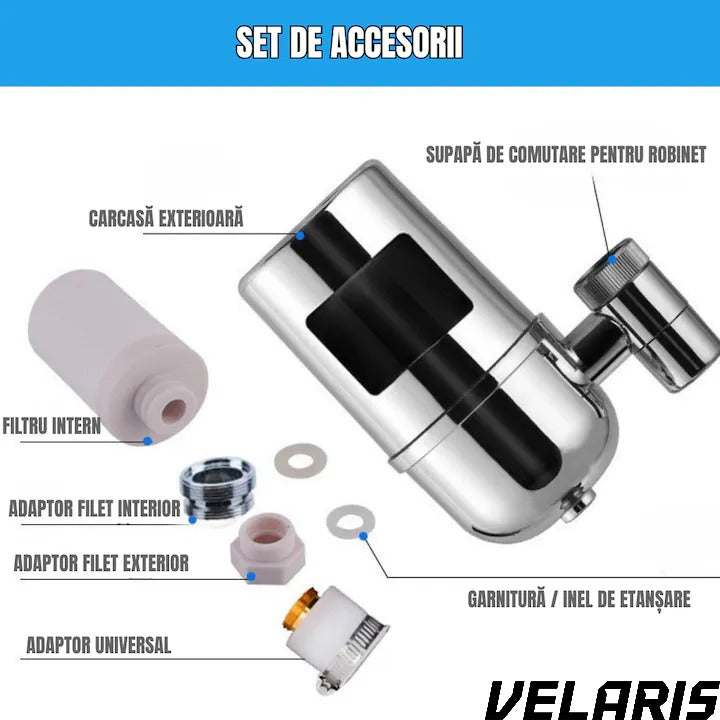 Filtru Apa pentru Robinet, Capacitate 50.000L, 7 Etape Filtrare, Cartus Reutilizabil, Elimina Impuritati, Clor si Metale Grele, Montaj Rapid, Argintiu