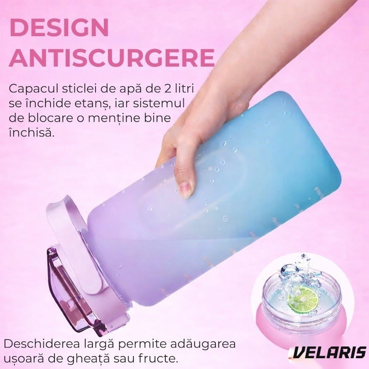 Sticlă fitness 2L multicolor, plastic PC fără BPA, cu cioc, mâner și inscripții motivaționale