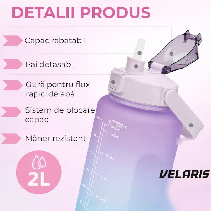 Sticlă fitness 2L multicolor, plastic PC fără BPA, cu cioc, mâner și inscripții motivaționale