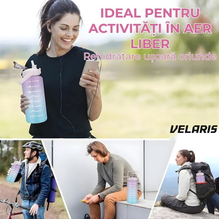 Sticlă fitness 2L multicolor, plastic PC fără BPA, cu cioc, mâner și inscripții motivaționale