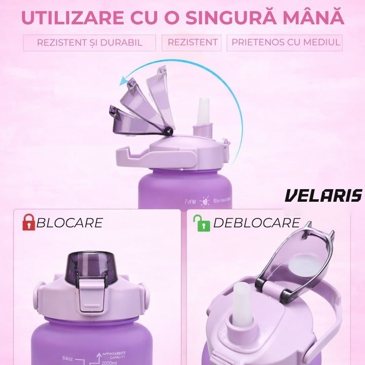 Sticlă fitness 2L multicolor, plastic PC fără BPA, cu cioc, mâner și inscripții motivaționale