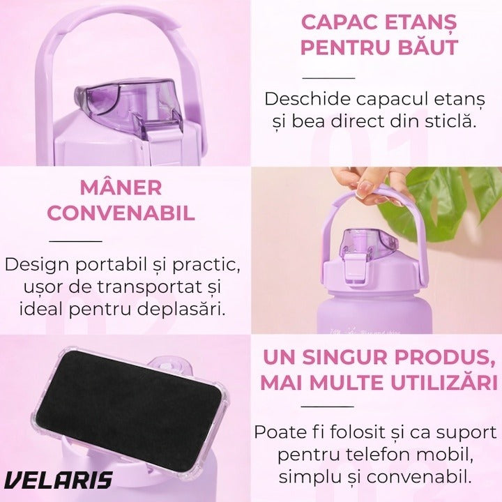 Sticlă fitness 2L multicolor, plastic PC fără BPA, cu cioc, mâner și inscripții motivaționale