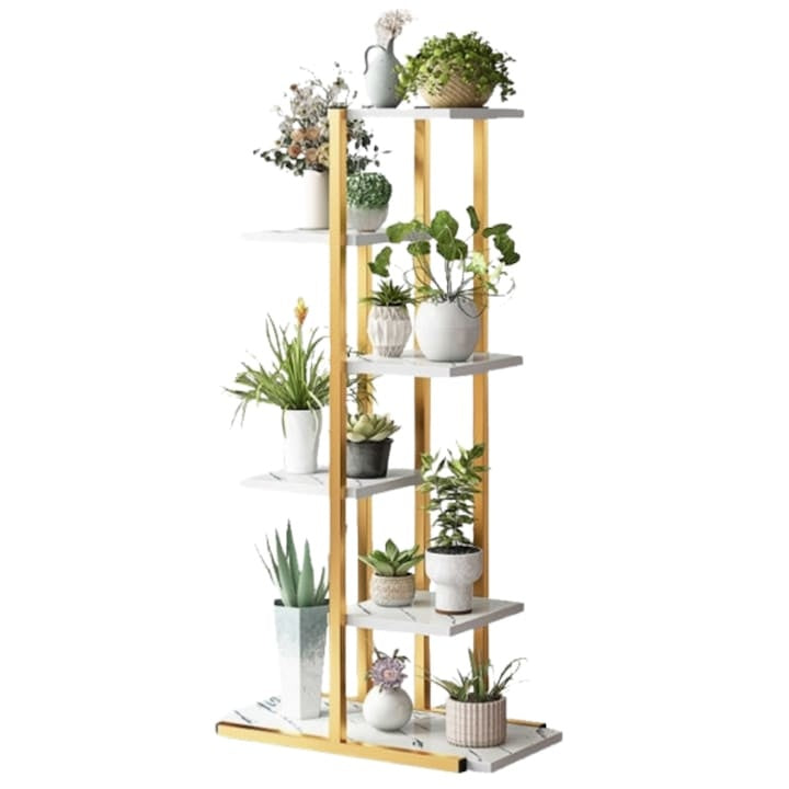 Suport flori cu 6 rafturi, design modern alb și maro, cadru metalic, 113x60x20 cm