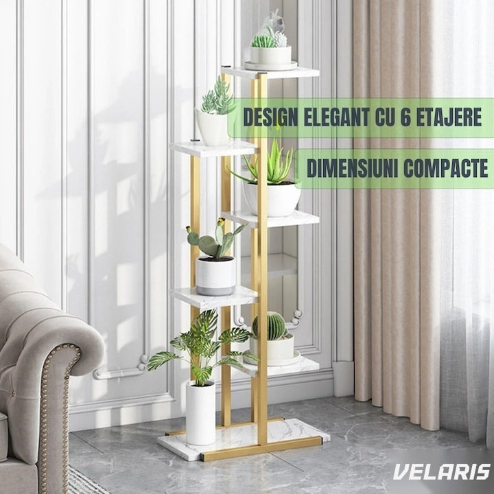 Suport flori cu 6 rafturi, design modern alb și maro, cadru metalic, 113x60x20 cm