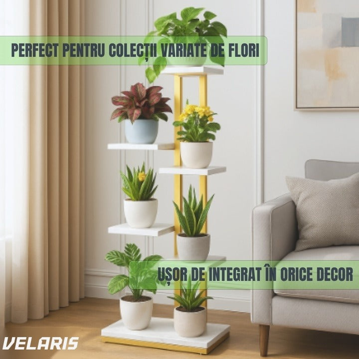 Suport flori cu 6 rafturi, design modern alb și maro, cadru metalic, 113x60x20 cm