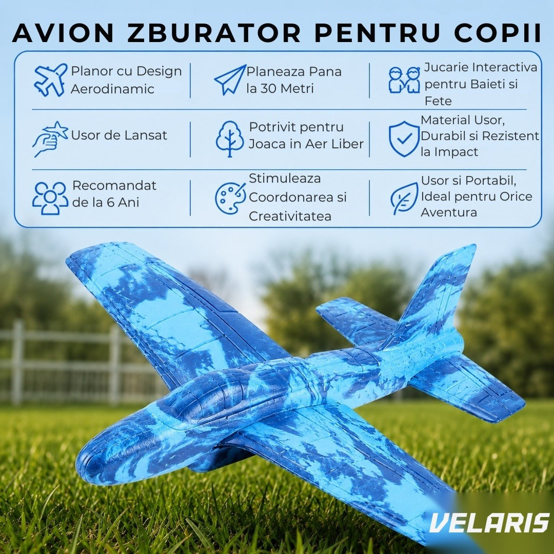 Avion zburător tip planar, rezistent impact, până la 30m, albastru, copii 6+ ani