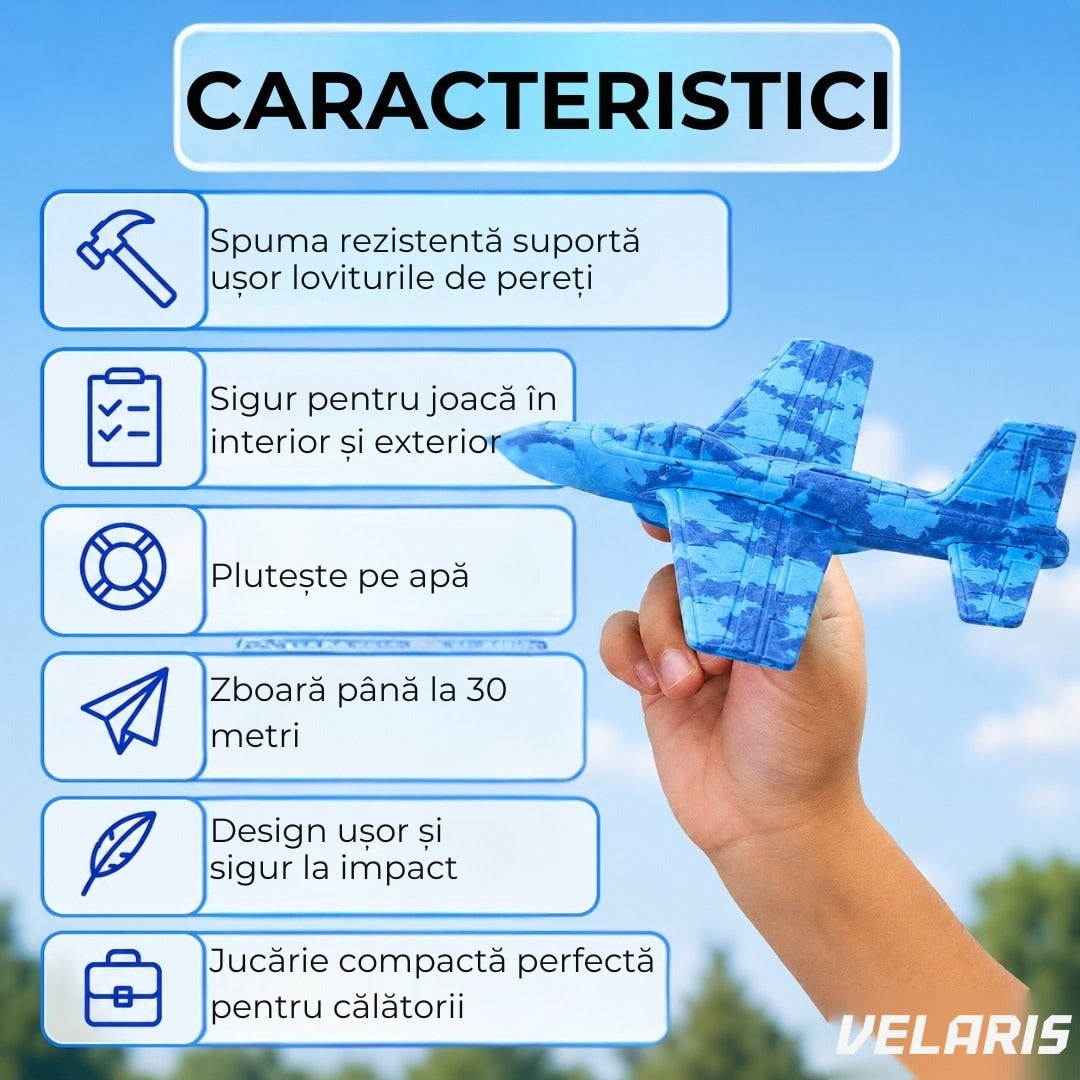 Avion zburător tip planar, rezistent impact, până la 30m, albastru, copii 6+ ani