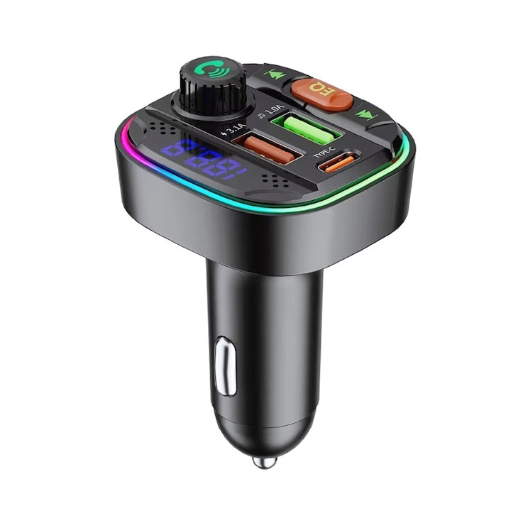 Modulator FM Bluetooth 5.0 cu încărcare rapidă QC 3.0 și PD 20W, USB-C, 2x USB-A, RGB, negru