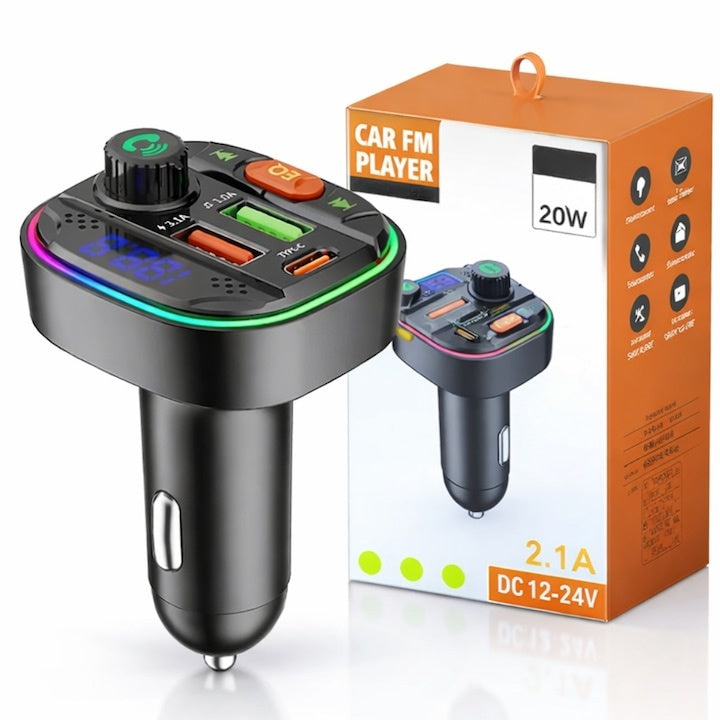 Modulator FM Bluetooth 5.0 cu încărcare rapidă QC 3.0 și PD 20W, USB-C, 2x USB-A, RGB, negru