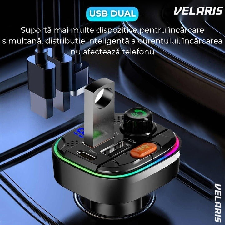 Modulator FM Bluetooth 5.0 cu încărcare rapidă QC 3.0 și PD 20W, USB-C, 2x USB-A, RGB, negru
