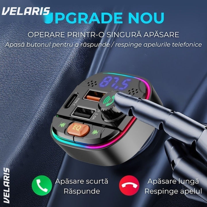 Modulator FM Bluetooth 5.0 cu încărcare rapidă QC 3.0 și PD 20W, USB-C, 2x USB-A, RGB, negru