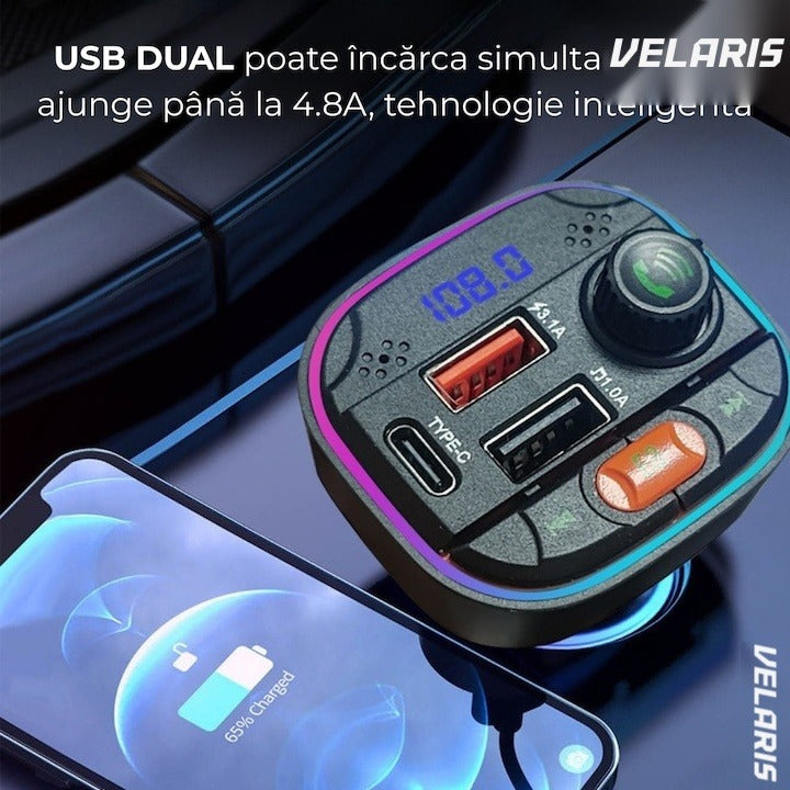 Modulator FM Bluetooth 5.0 cu încărcare rapidă QC 3.0 și PD 20W, USB-C, 2x USB-A, RGB, negru