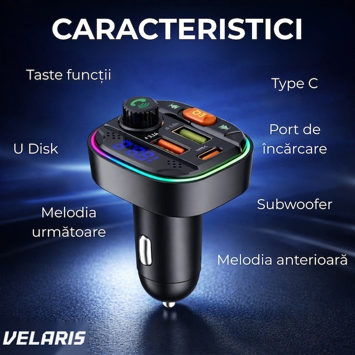 Modulator FM Bluetooth 5.0 cu încărcare rapidă QC 3.0 și PD 20W, USB-C, 2x USB-A, RGB, negru