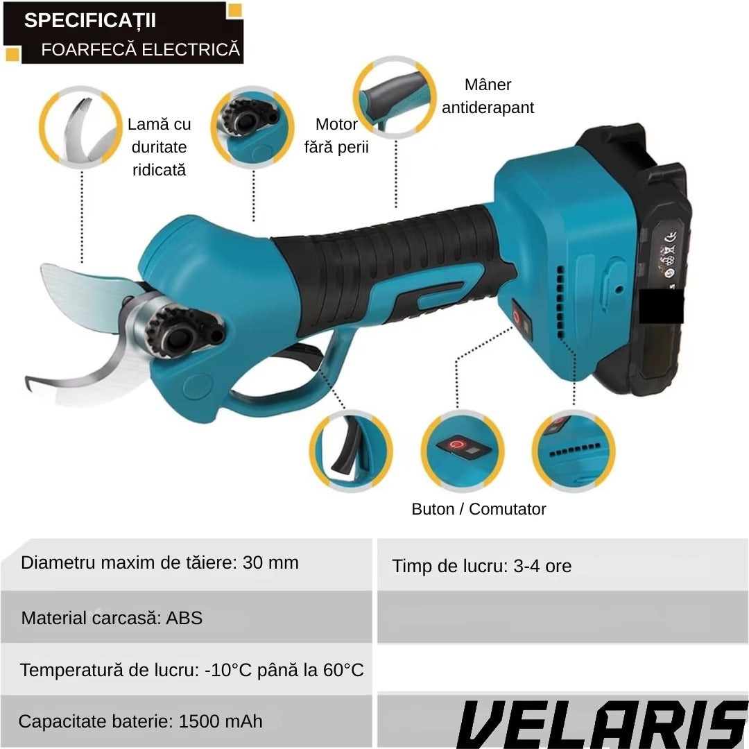 Foarfeca Electrica pentru Gradinarit 48V, 2 Baterii, 2 Lame din Otel Carbon,ideala pentru Vita de Vie si Crengi, Albastru