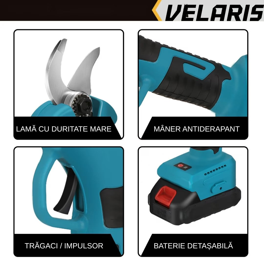Foarfeca Electrica pentru Gradinarit 48V, 2 Baterii, 2 Lame din Otel Carbon,ideala pentru Vita de Vie si Crengi, Albastru