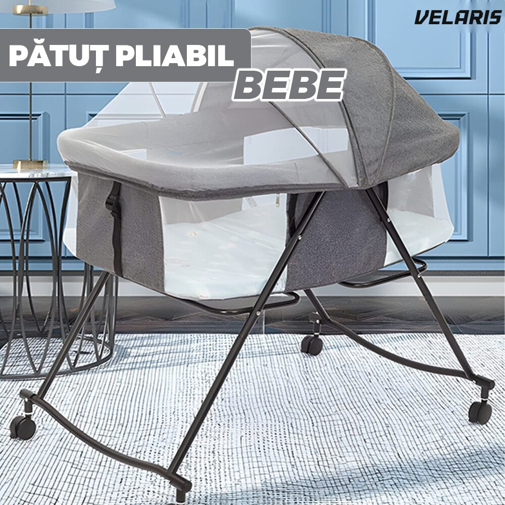 Pat pliabil pentru bebeluș cu plasă anti-insecte, roți cu frână, culoare gri