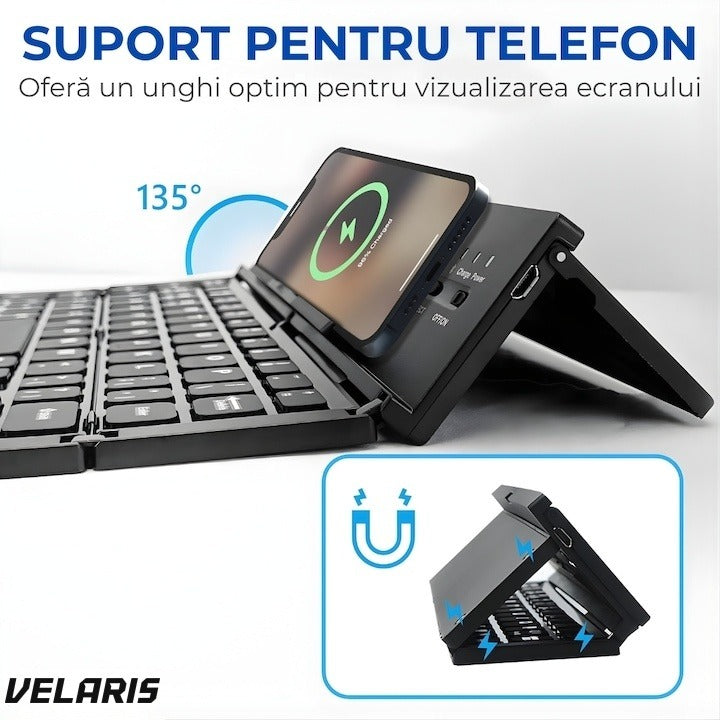 Tastatură Bluetooth pliabilă, touchpad integrat, 64 taste, compatibilă tabletă și laptop, negru