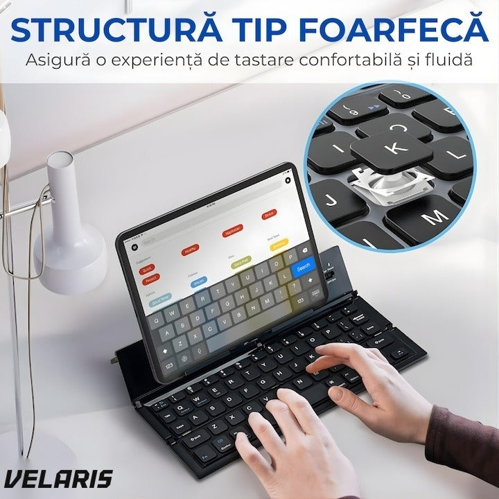 Tastatură Bluetooth pliabilă, touchpad integrat, 64 taste, compatibilă tabletă și laptop, negru