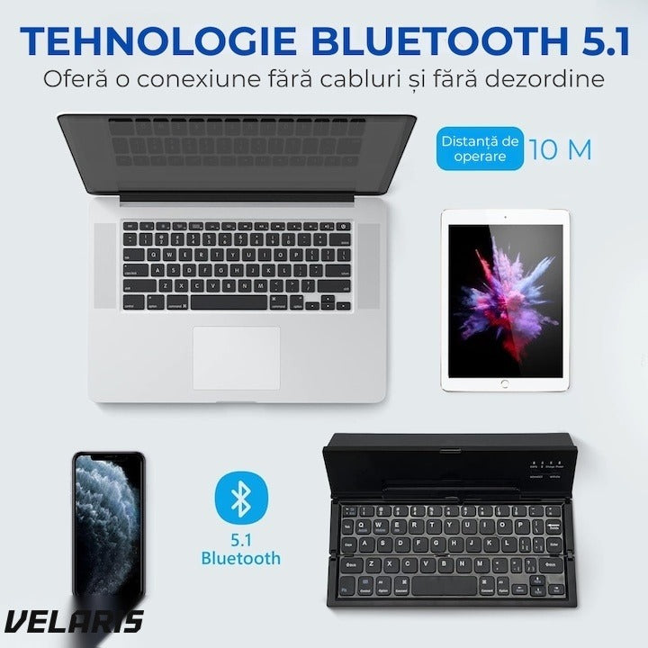 Tastatură Bluetooth pliabilă, touchpad integrat, 64 taste, compatibilă tabletă și laptop, negru
