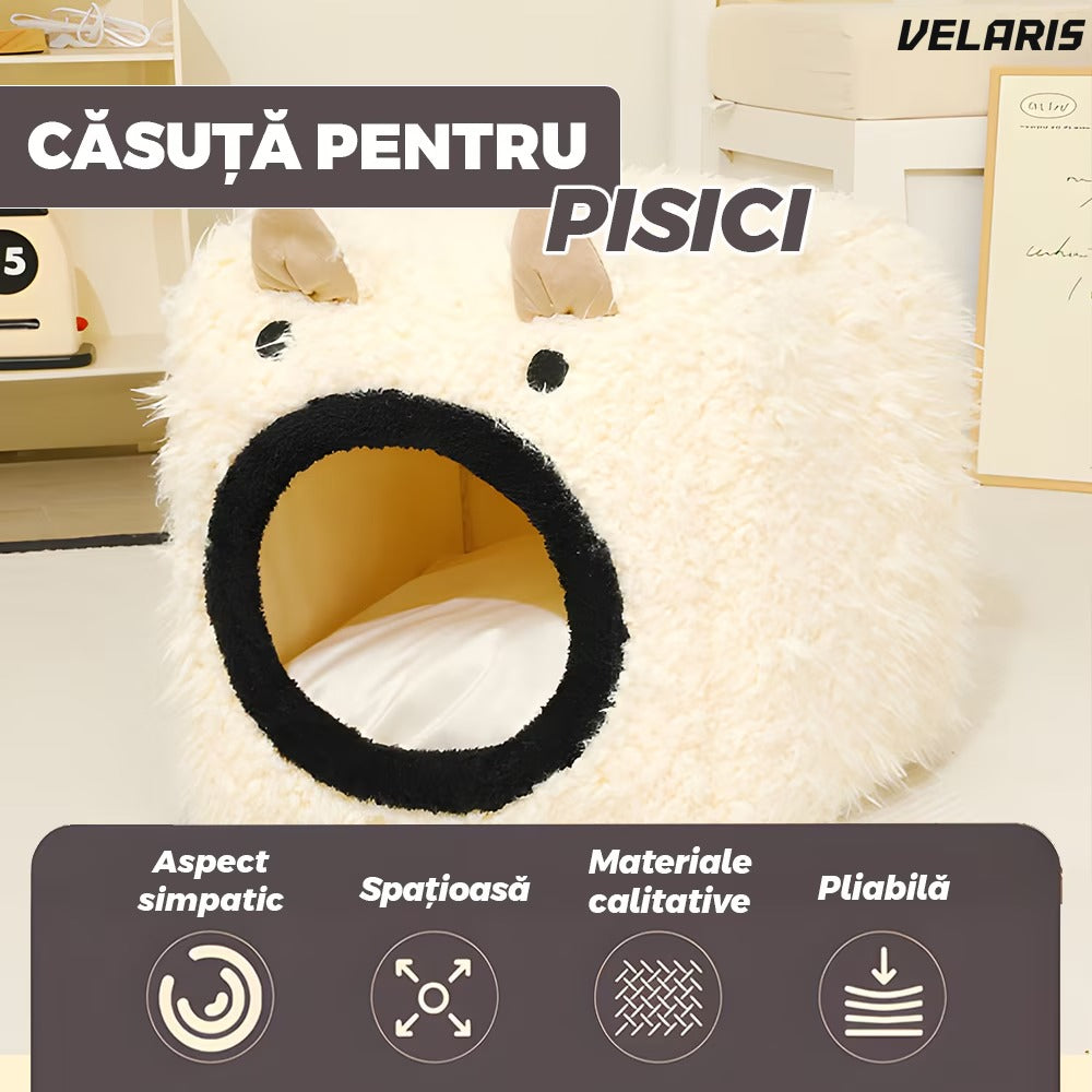 Căsuță pliabilă pentru pisici cu pernă, bază antiderapantă, 35x35cm, bej