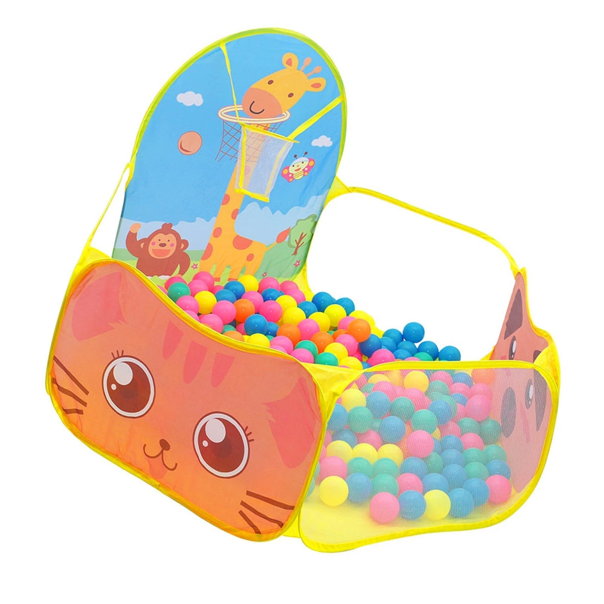Piscină de joacă pliabilă pentru copii cu model girafă și coș baschet 100x100x80 cm
