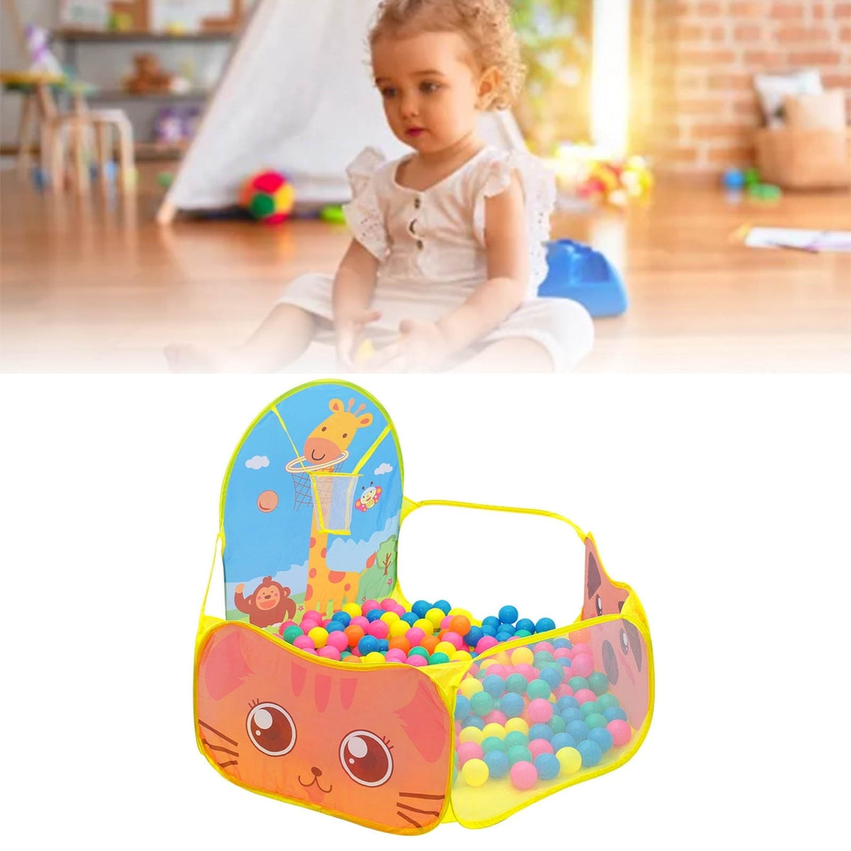 Piscină de joacă pliabilă pentru copii cu model girafă și coș baschet 100x100x80 cm
