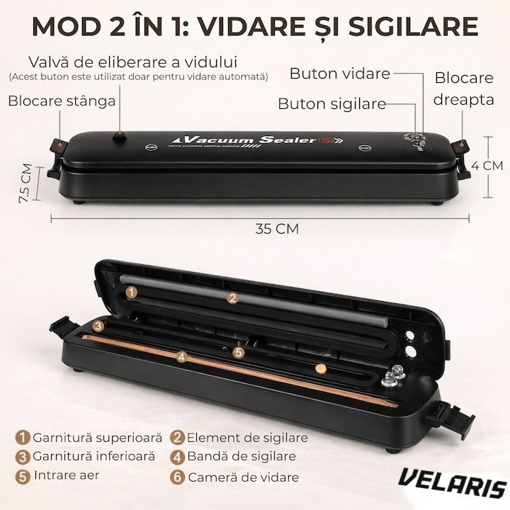 Aparat de vidat alimente 110W cu funcție de sigilare, pompă puternică, include 10 pungi vacuum